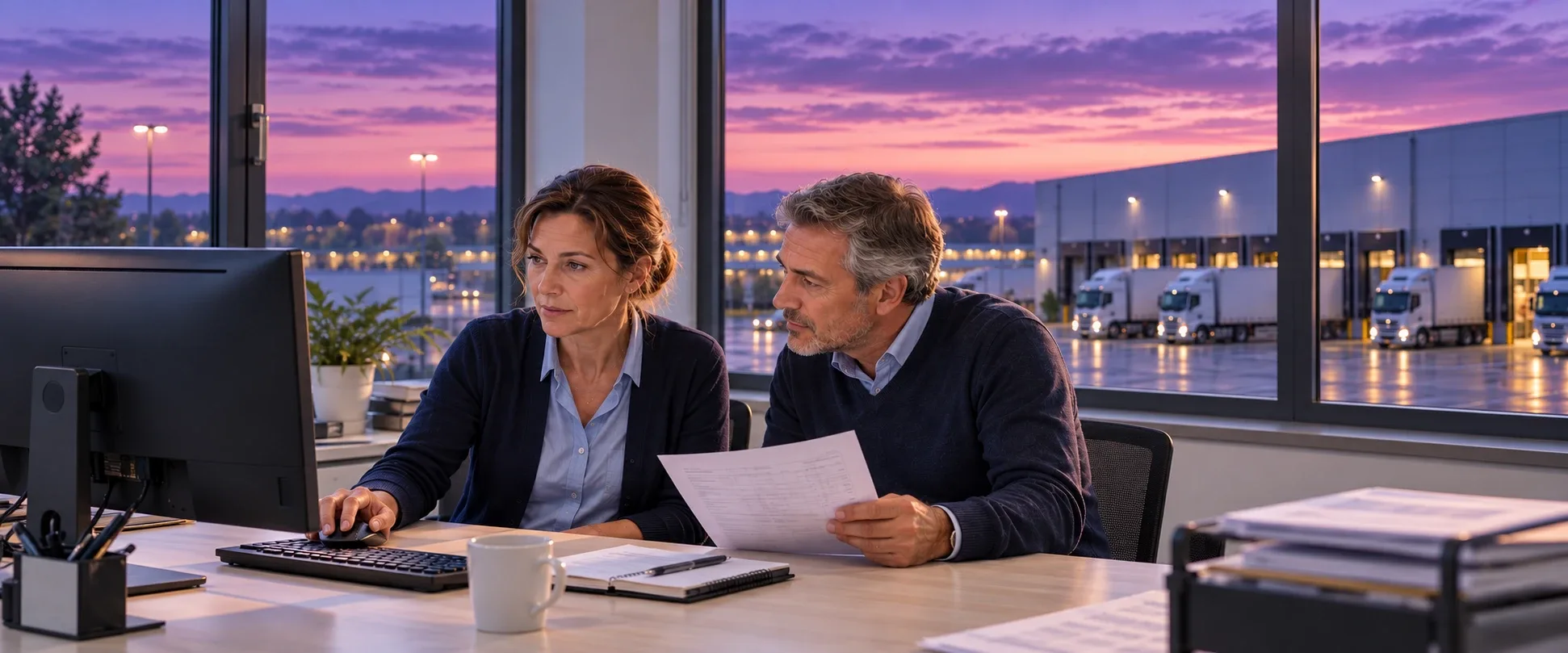 Two back-office colleagues at a desk at dusk, checking a printed order against the screen, with trucks at the loading docks outside