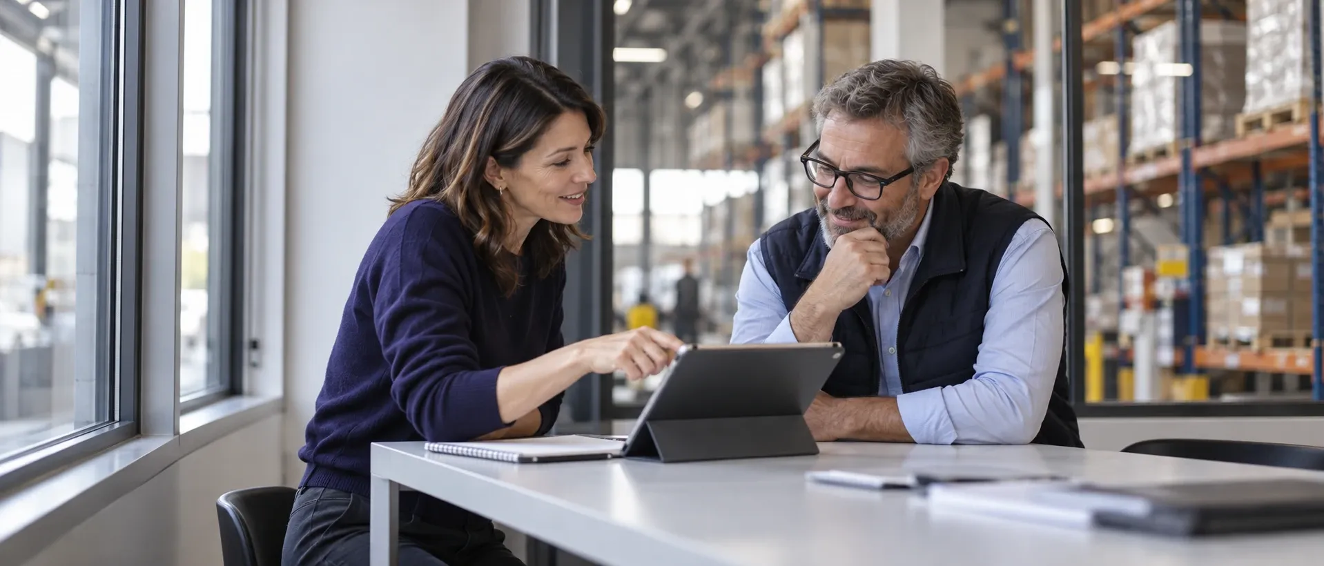 Two colleagues smiling and looking at a tablet together at a table, with warehouse racking behind them