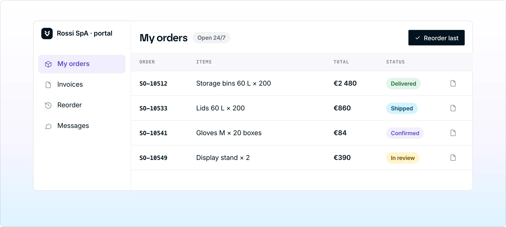A buyer portal for Rossi SpA listing four orders with totals and statuses, invoice downloads and a reorder button